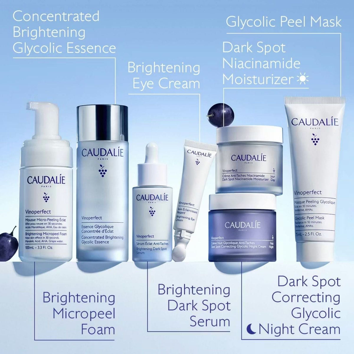 Caudalie Vinoperfect skincare collection featuring serum, moisturizer, eye cream, foam, essence, and peel mask