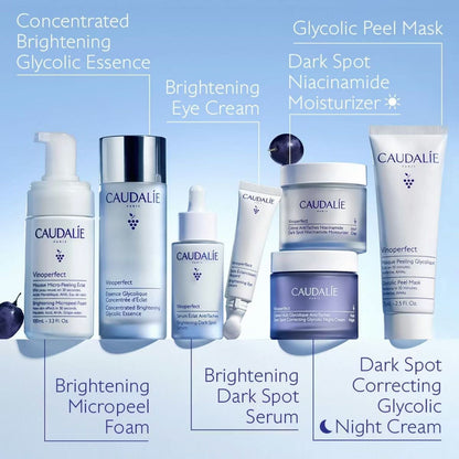 Caudalie Vinoperfect skincare collection featuring serum, moisturizer, eye cream, foam, essence, and peel mask