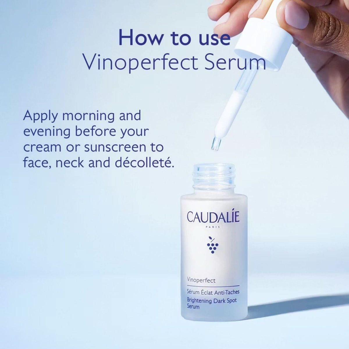 Caudalie Vinoperfect Brightening Dark Spot Serum instructions showing dropper application