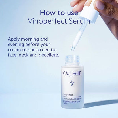 Caudalie Vinoperfect Brightening Dark Spot Serum instructions showing dropper application