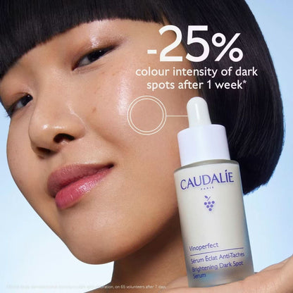 Caudalie Vinoperfect Brightening Dark Spot Serum bottle next to a person showing clinical results