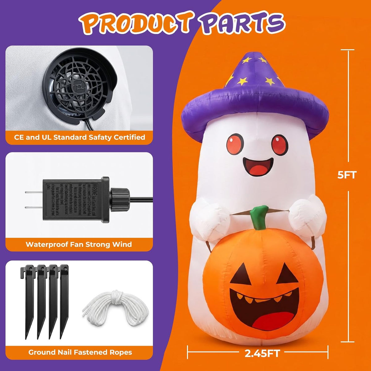 5FT Inflatables Decor Ghost with Pumpkin