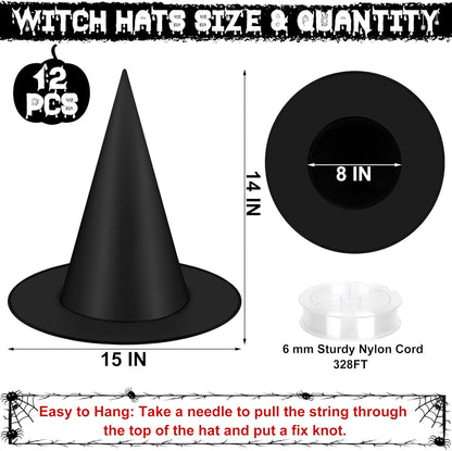 12 PCS Witch Hats, Black Hanging Witch Hats Porch Yard Decor