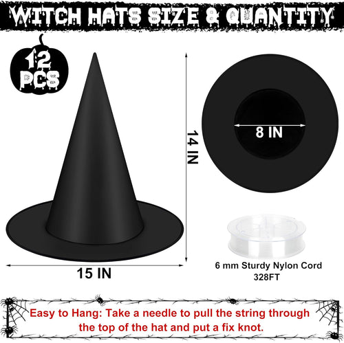 12 PCS Witch Hats, Black Hanging Witch Hats Porch Yard Decor