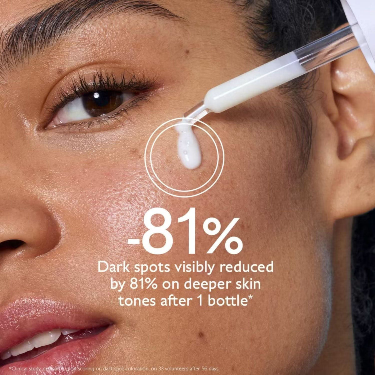 Caudalie Vinoperfect Brightening Dark Spot Serum being applied to cheek with clinical results text overlay