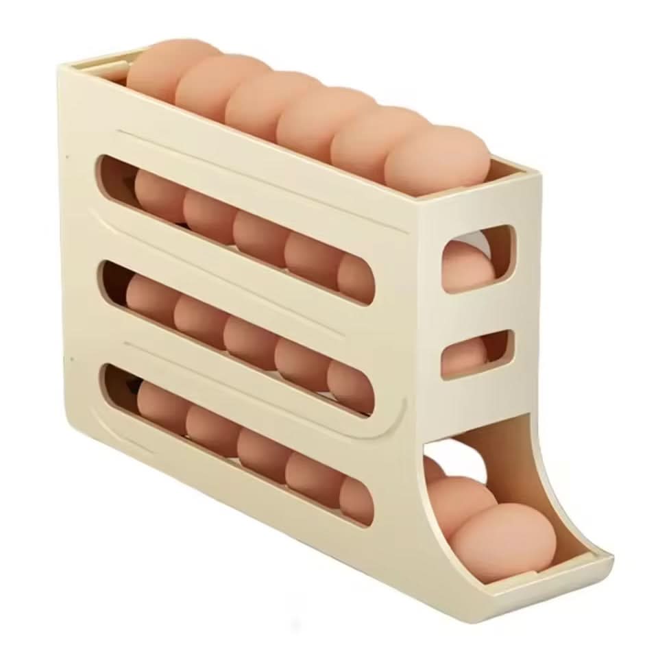 EggFlow Premium Refrigerator Egg Organizer with three tiered rolling tracks filled with brown eggs